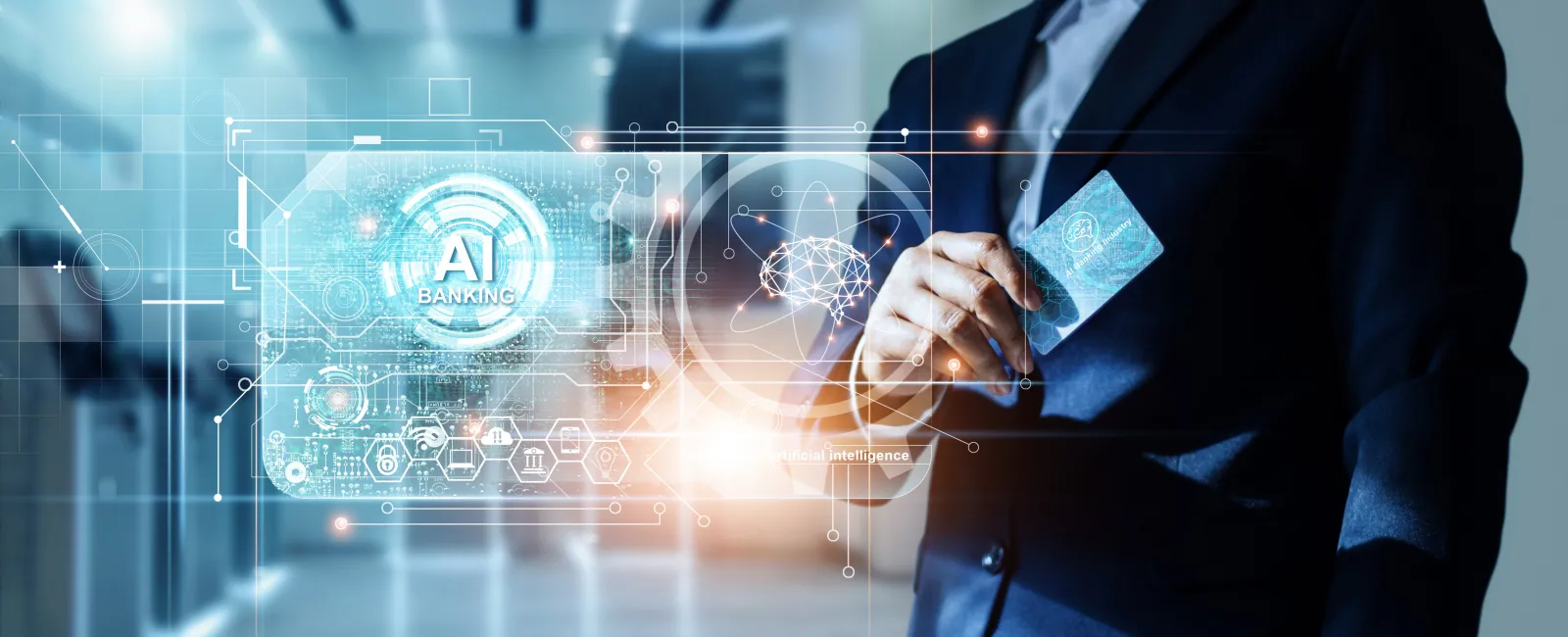 Businessman holding credit card with AI banking and artificial intelligence technology interface in office background.