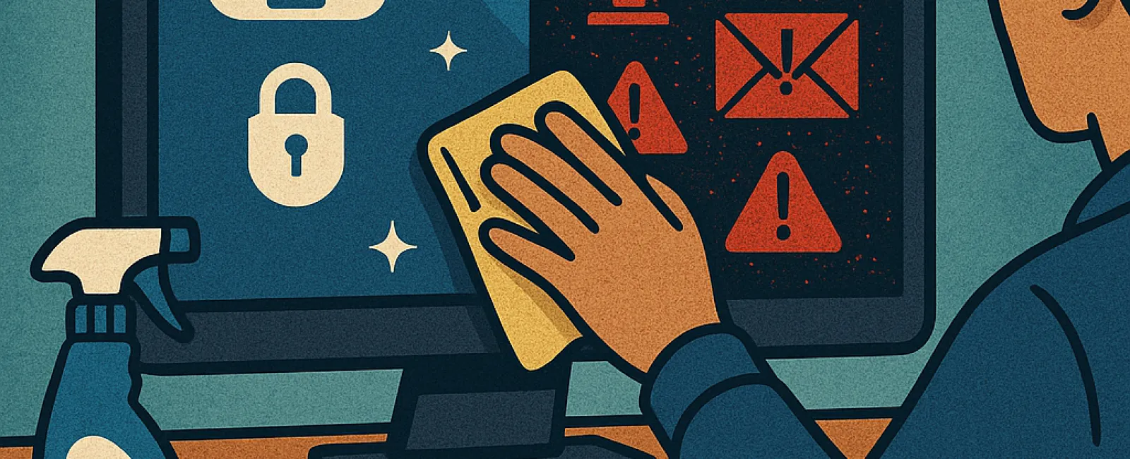Person wiping computer screen showing cybersecurity threats turning into secure icons with cleaning spray nearby.