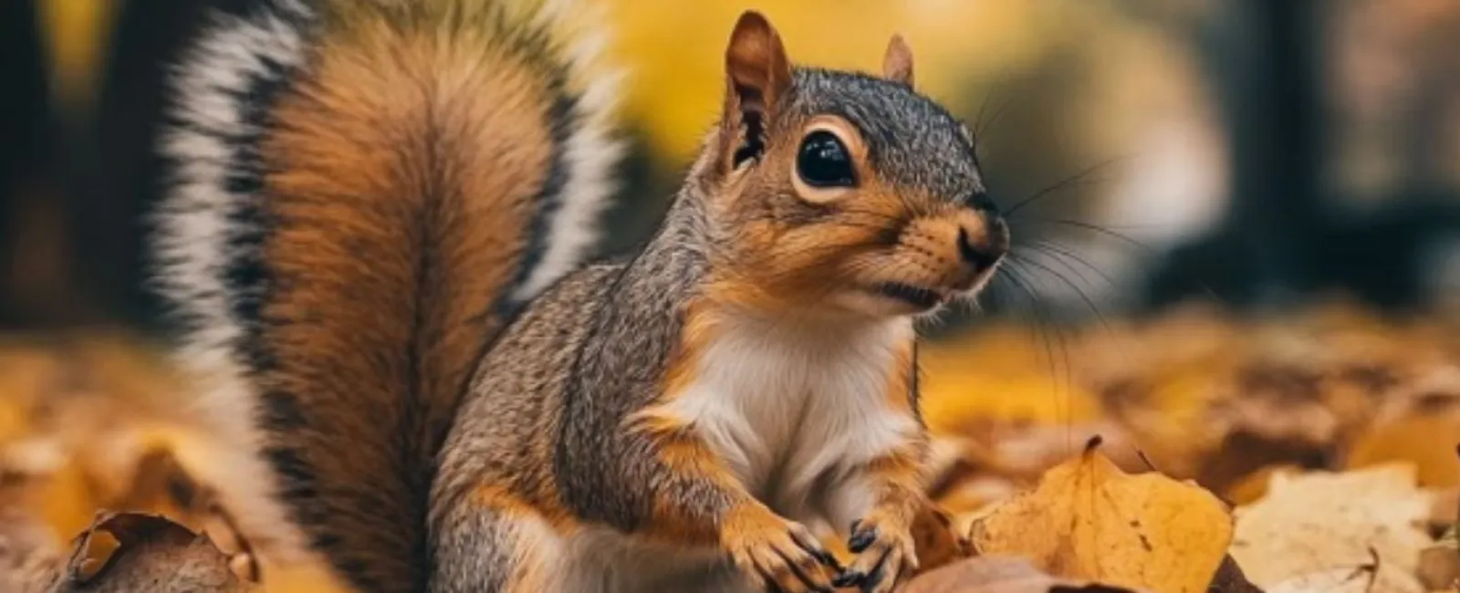 a squirrel standing on a pile of leaves