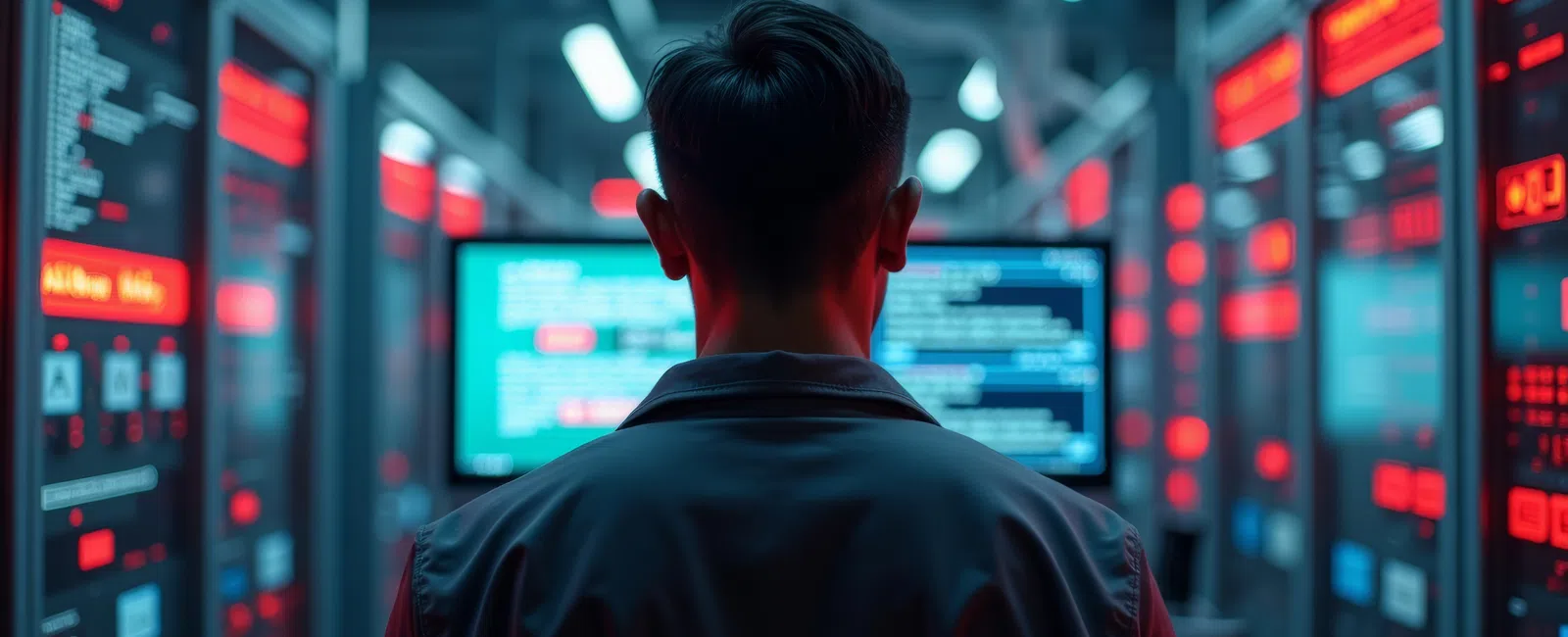 Person working in a server room surrounded by glowing red and blue computer screens and equipment.