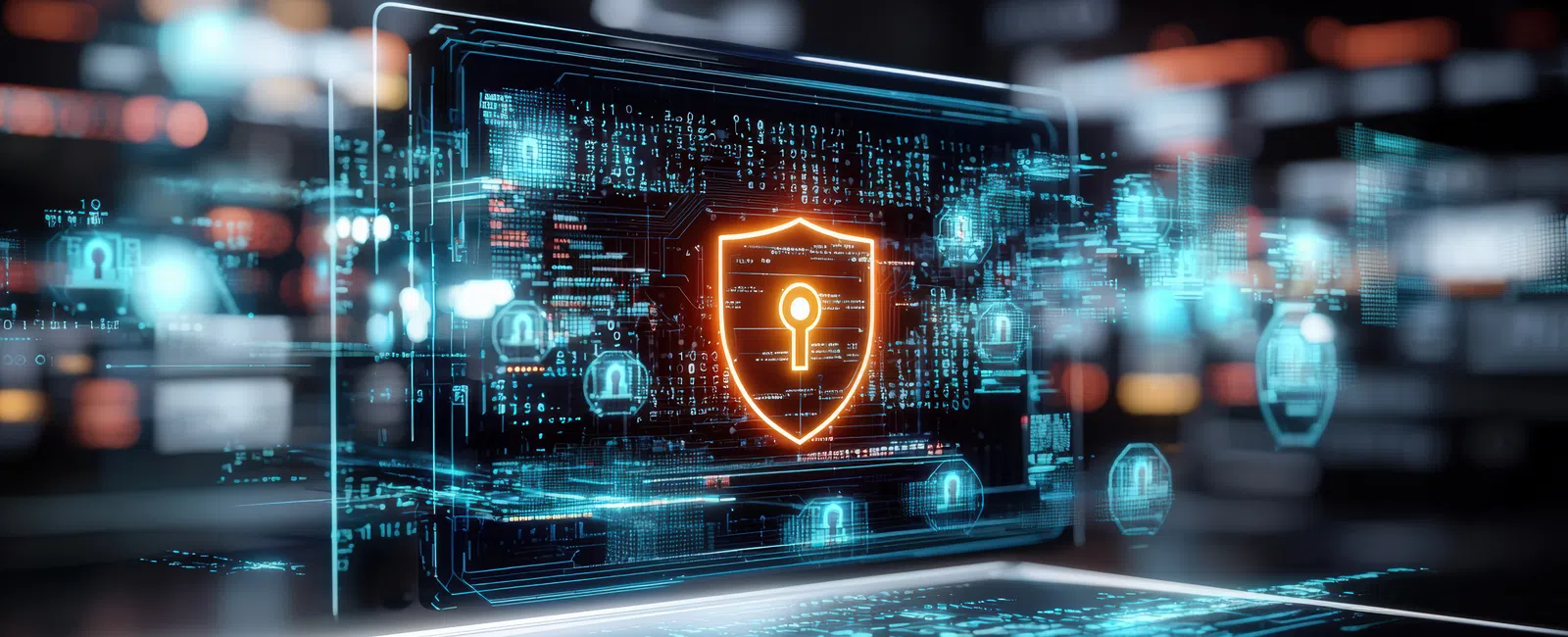 Futuristic digital shield with a keyhole icon representing cybersecurity and data protection in a high-tech environment.