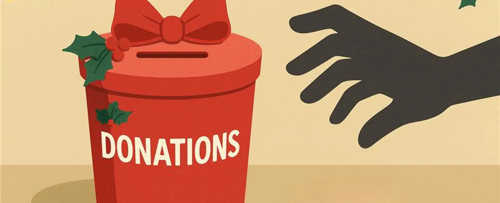 Holiday-themed red donation box with holly and a reaching hand under festive string lights.
