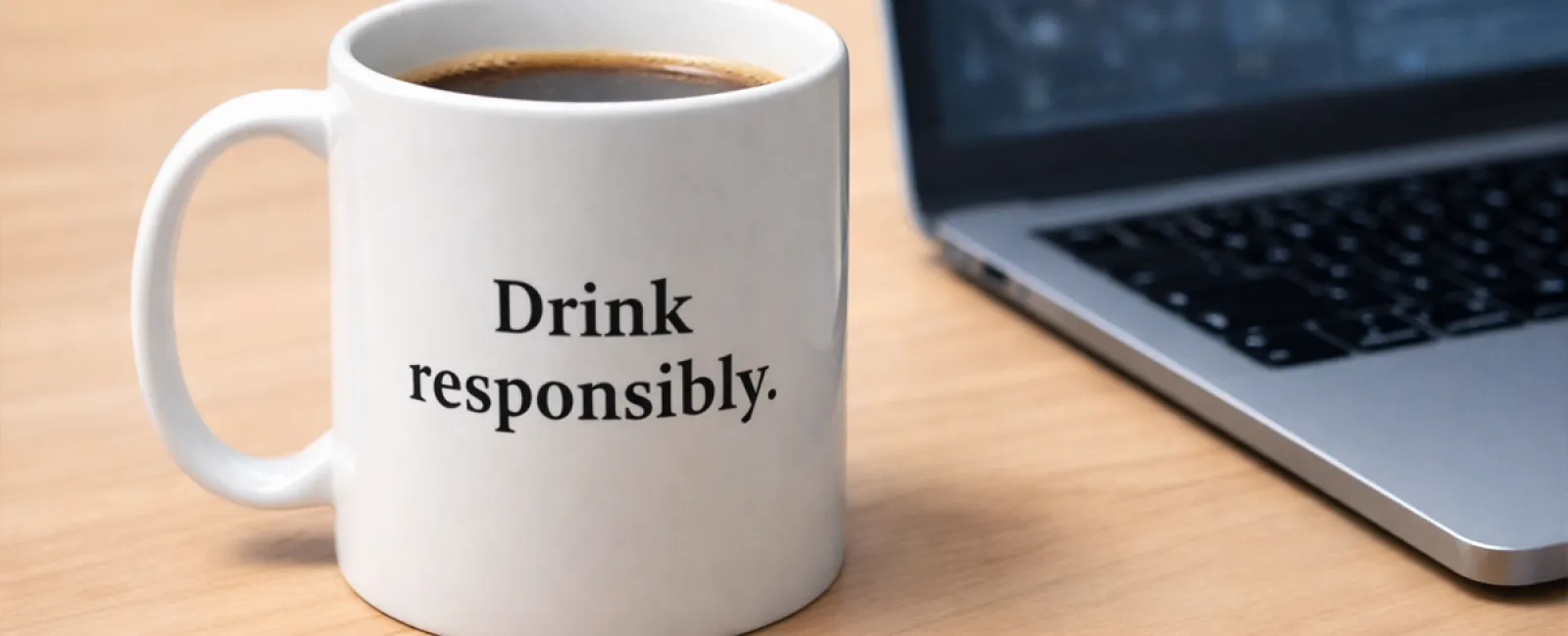 White coffee mug with Drink responsibly text beside a laptop on a wooden desk.