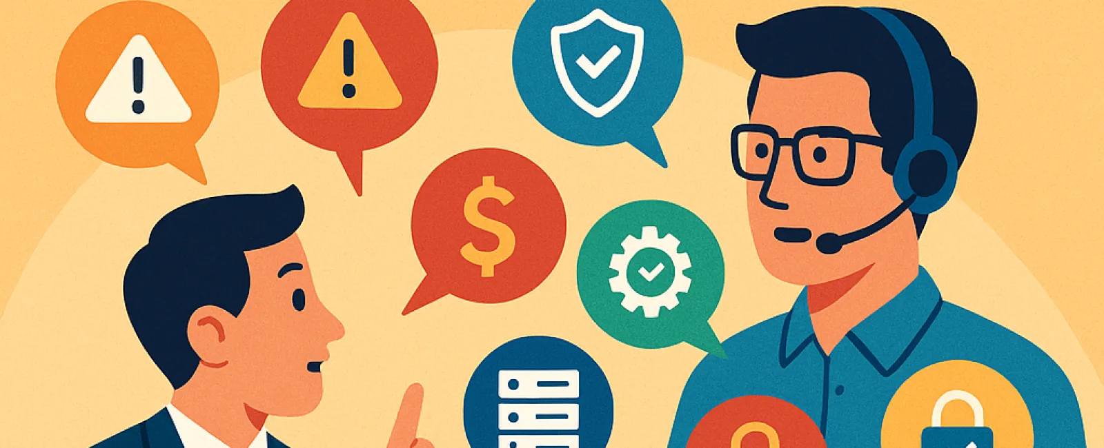 Two men discussing IT questions with icons of security, money, server, and alerts around them in a business setting
