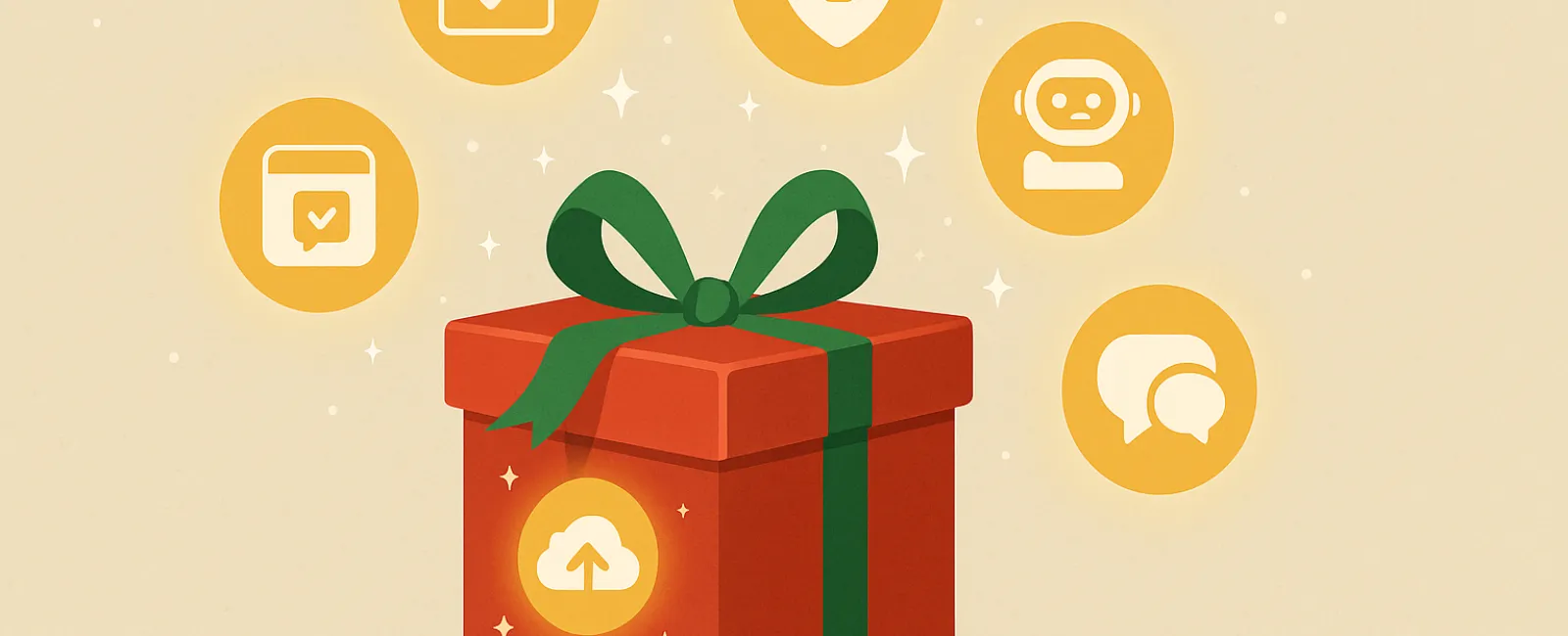 Red gift box with green ribbon surrounded by icons for calendar, security, chatbot, chat, and cloud upload