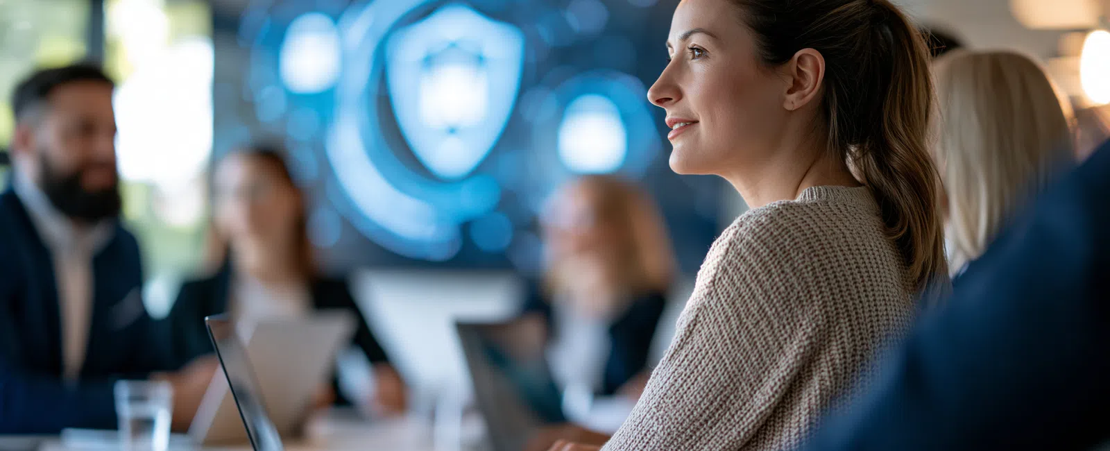 Young woman attentively listening during a business meeting with colleagues using laptops in a modern office.
