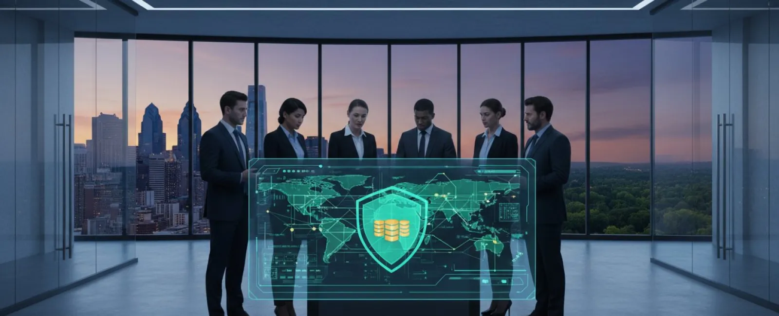Business team in office with digital hologram displaying global data security and financial information.