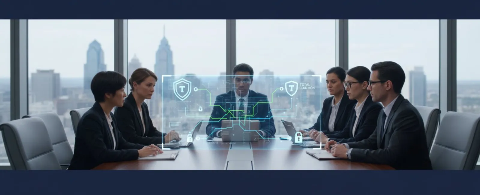 Business team in a conference room with digital cybersecurity holograms discussing data protection strategies.