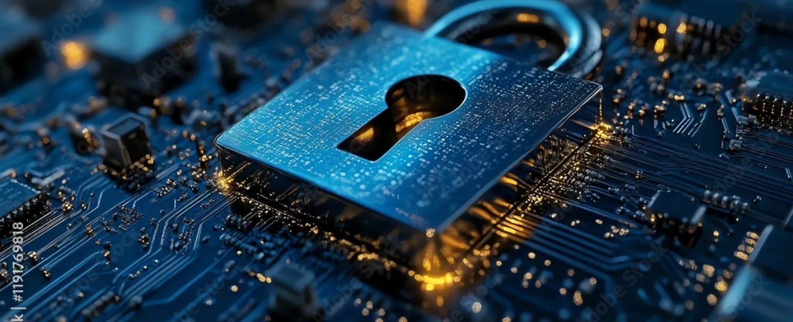 Blue metallic padlock on a digital circuit board symbolizing cybersecurity and data protection