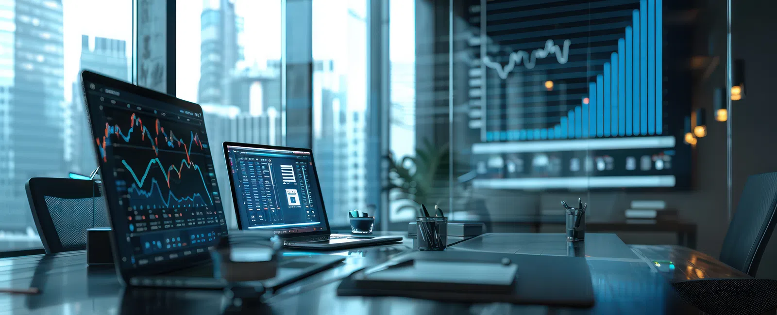 Office meeting room with laptops showing financial charts and graphs, and a large screen displaying a growing bar graph.