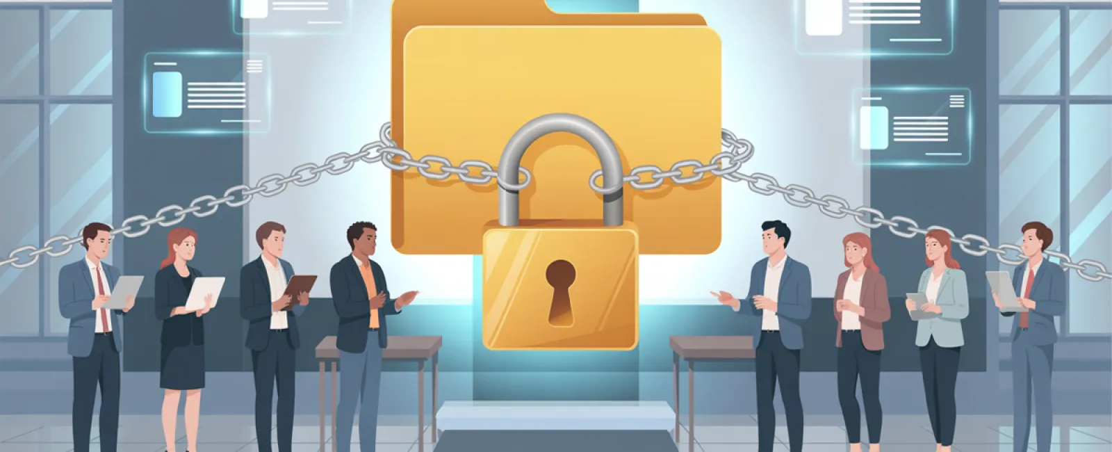 Business professionals discussing data security with a large locked folder symbolizing file protection in office.