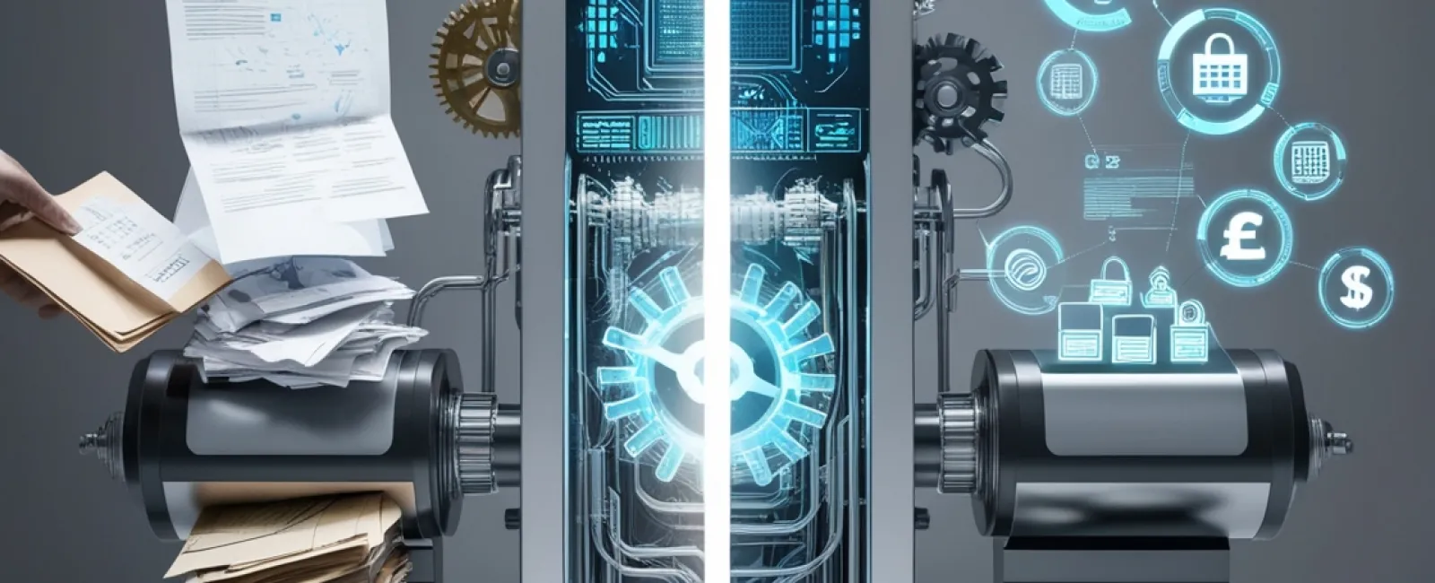 Machine processes and converts stacks of paper documents into digital financial data with glowing holographic icons.