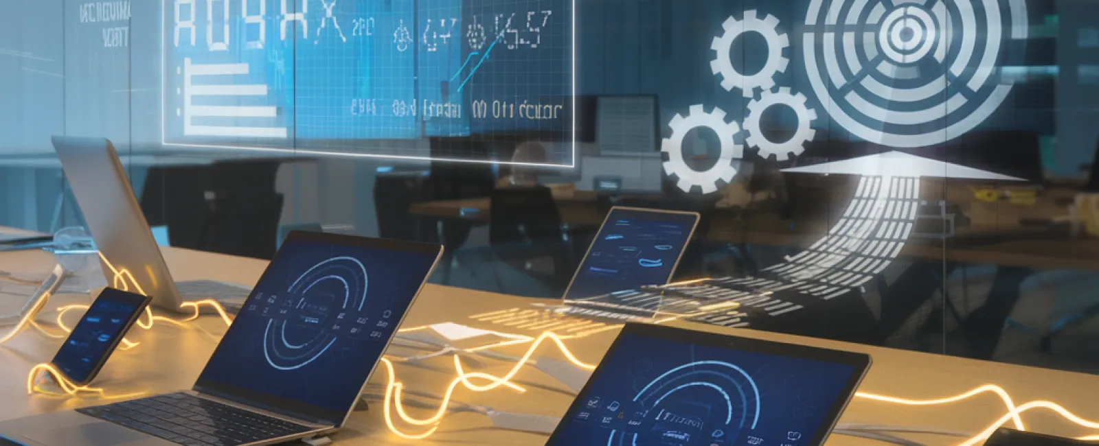 Modern office desk with multiple laptops and smartphones displaying futuristic digital interfaces and holographic data visuals.