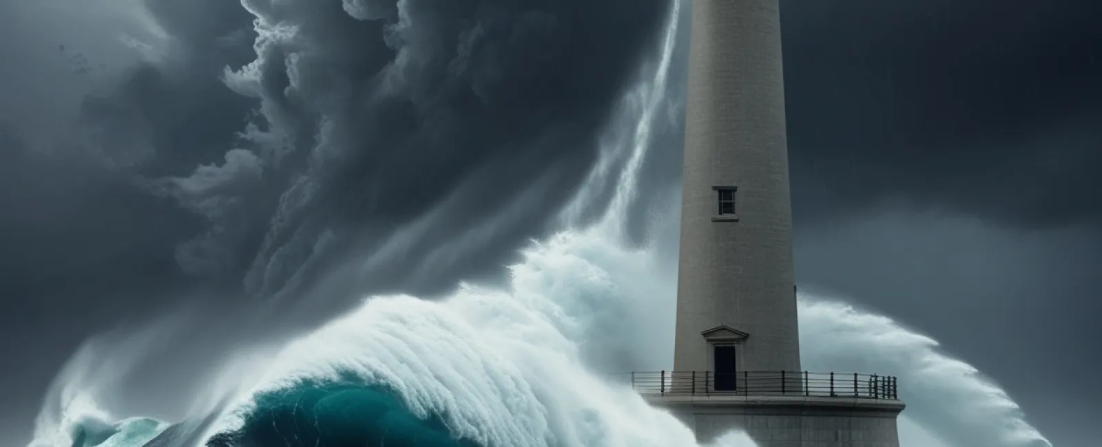 Tall lighthouse stands firm as giant storm waves crash and dark clouds swirl in a dramatic ocean scene at dusk.