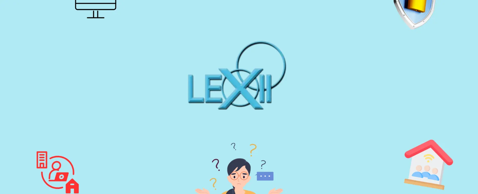 LEXXII logo with icons representing cybersecurity and user support on a light blue background.