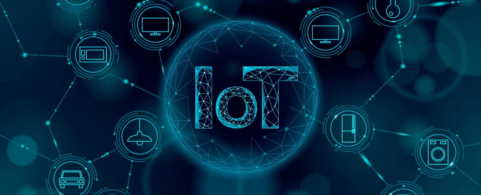 Digital network with IoT text surrounded by connected smart home device icons on a dark blue background