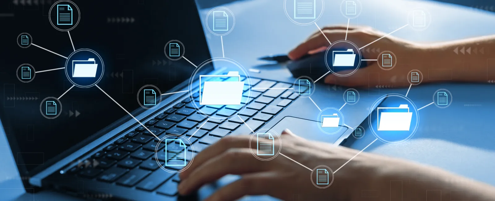Person using laptop with digital file and folder icons representing data management and organization.
