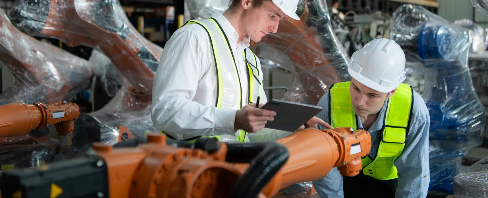 Two engineers in safety helmets and vests inspecting a robotic arm in an industrial automation facility.