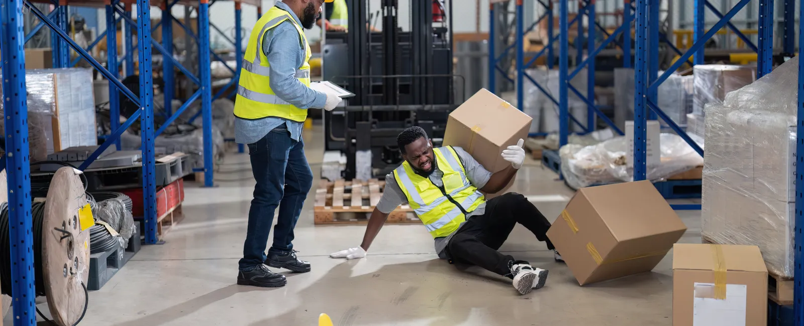 a few men in safety vests working in a warehouse