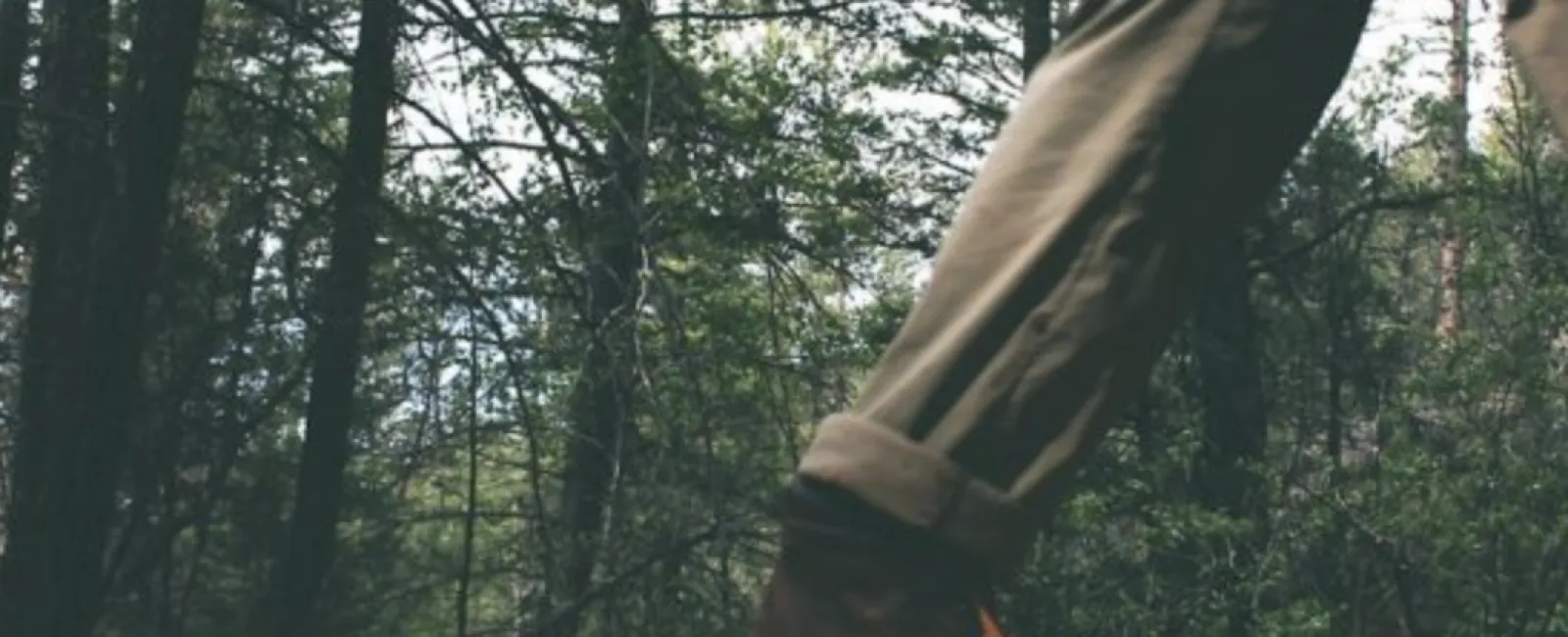 Close-up of a person walking on a wooden deck in a forest wearing brown boots and rolled-up pants