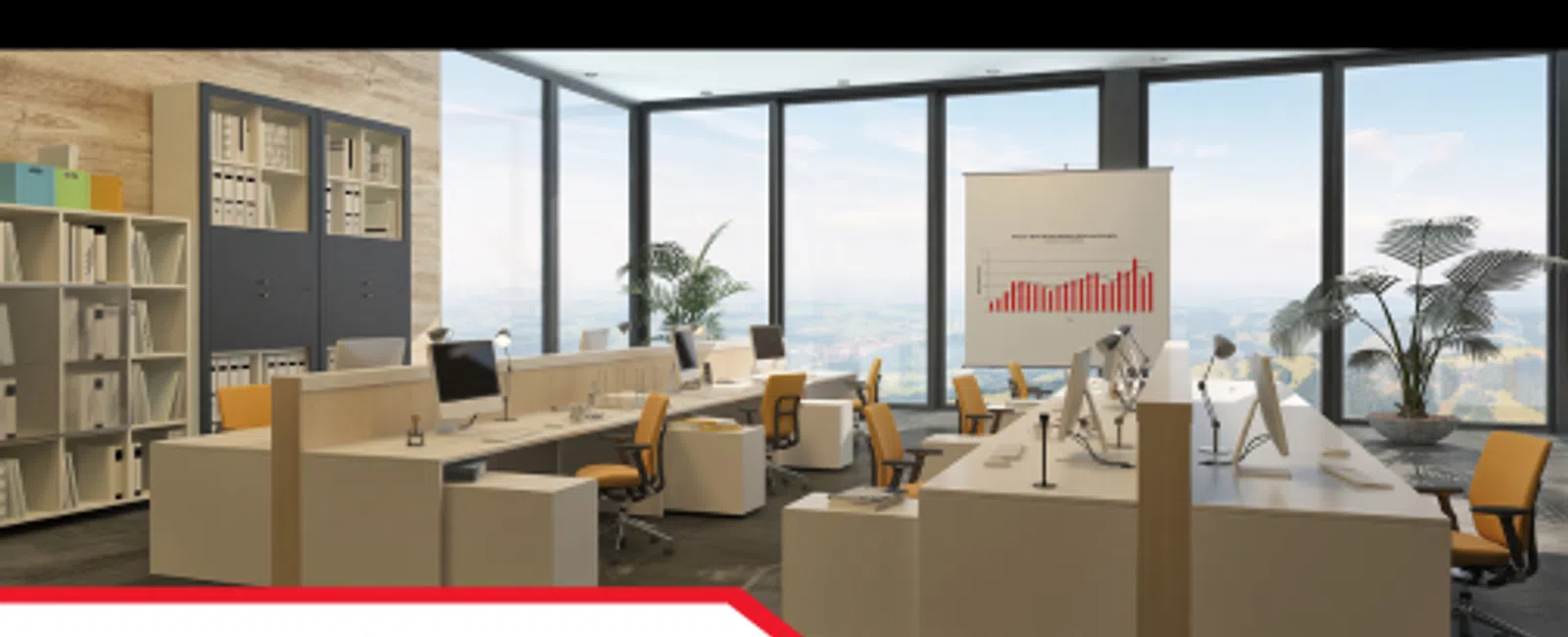 Modern office space with desks, computers, office chairs, and large windows overlooking a cityscape.
