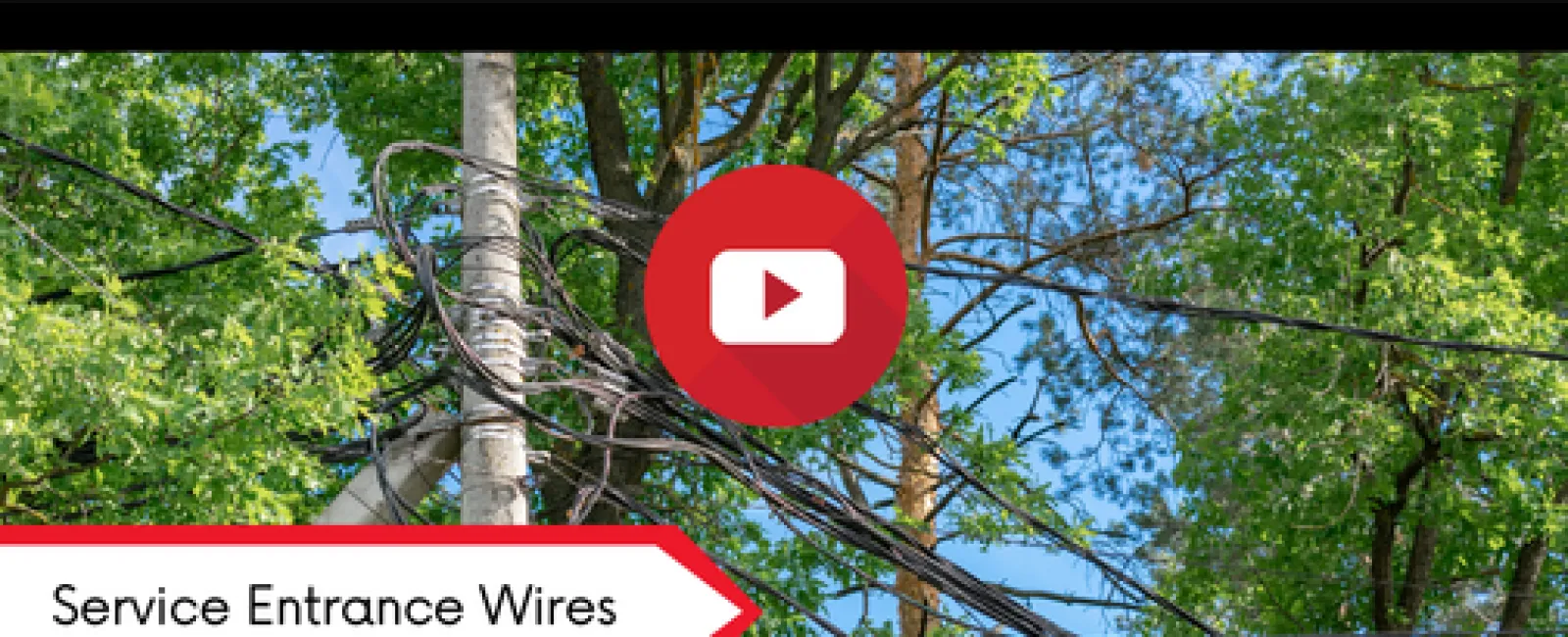 Utility pole with service entrance wires among green trees under blue sky, LunsPro Inspection Group logo included.