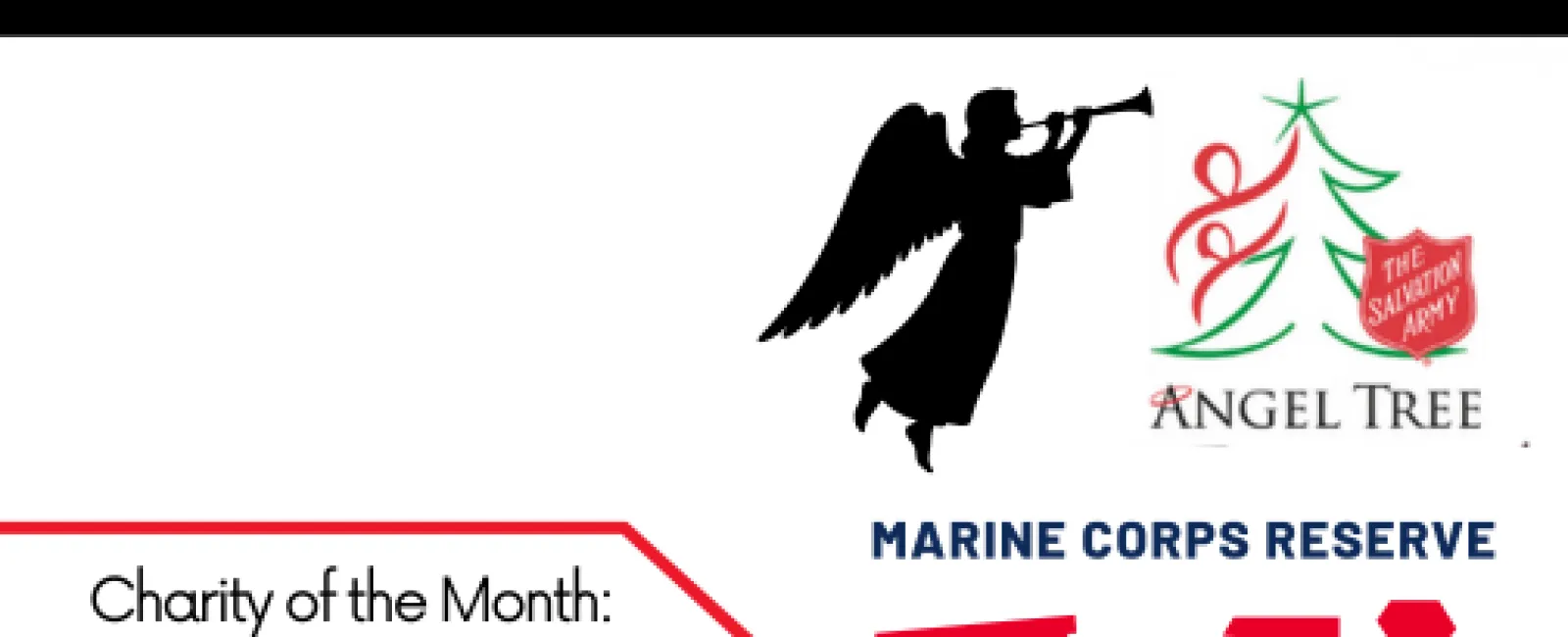 December 2021 Charity of the Month featuring Angel Tree, Marine Corps Reserve, and Toys for Tots logos with angel graphic.