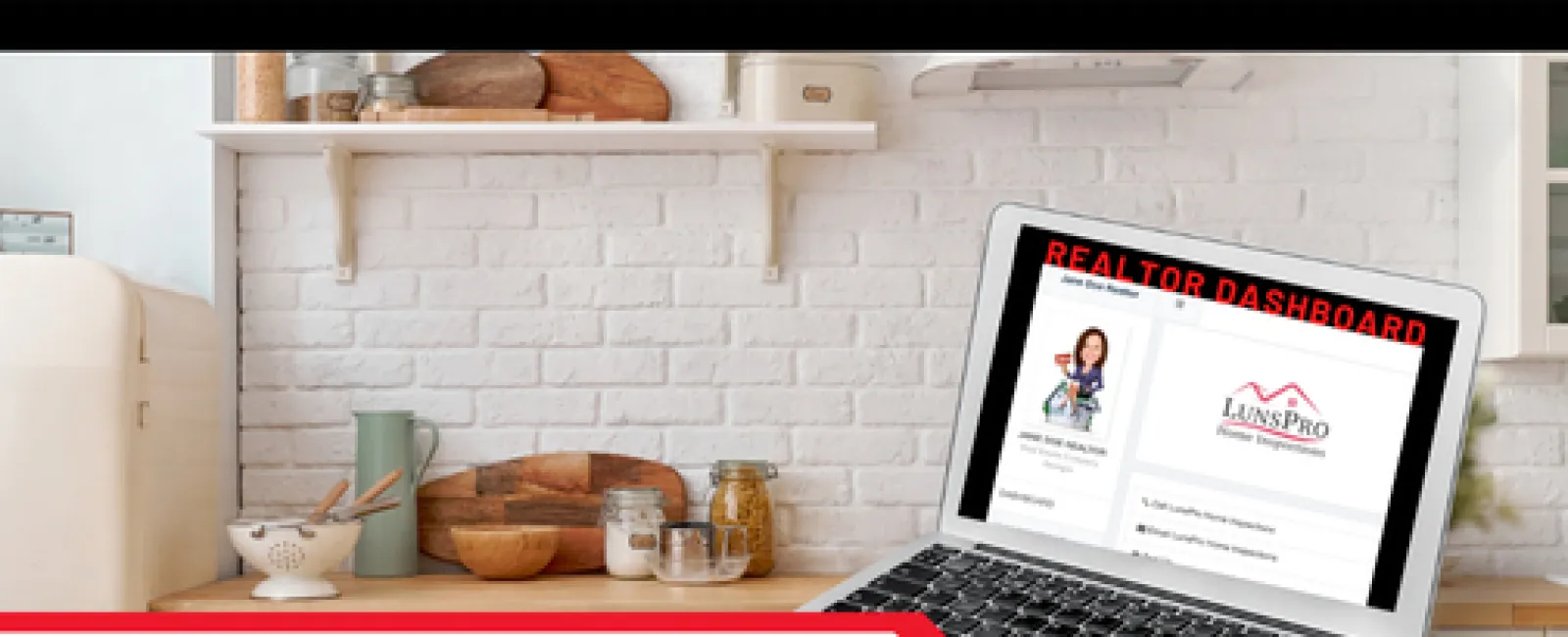 Laptop displaying LunsPro Realtor Dashboard on kitchen counter with cutting boards and jars in background.
