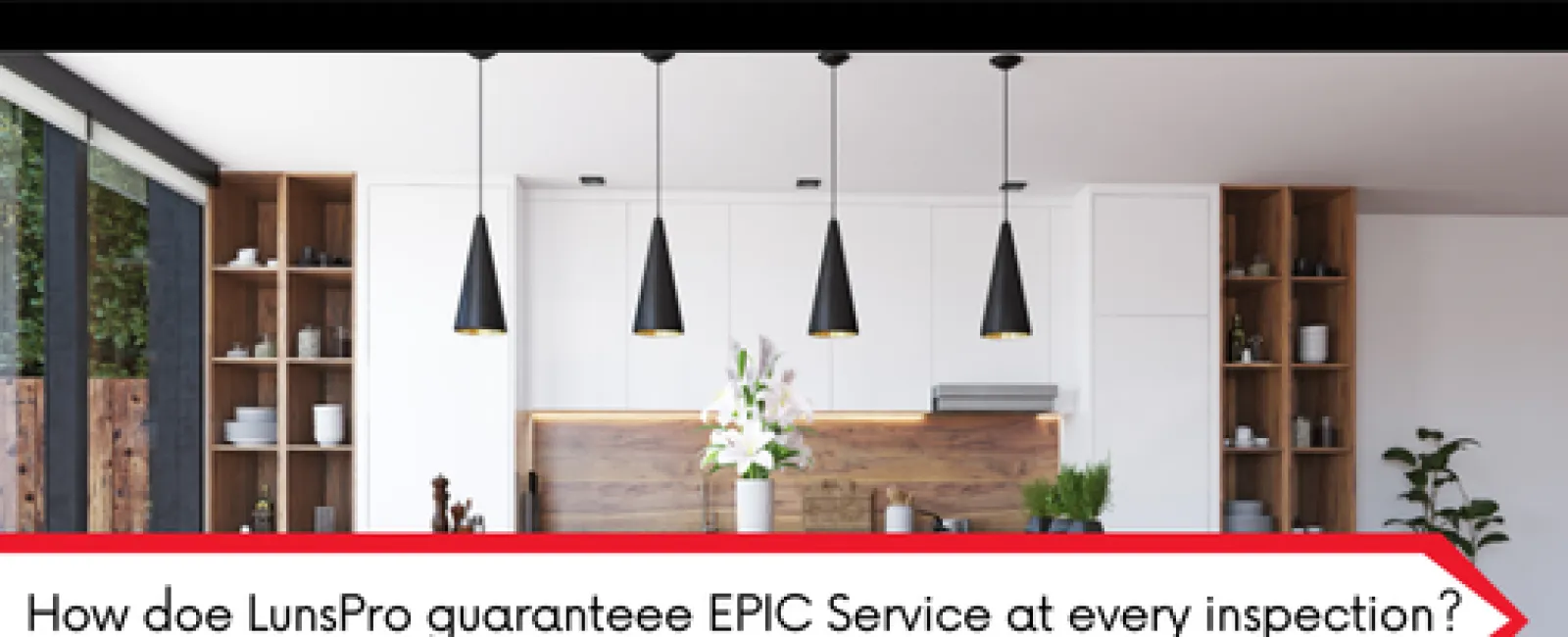 Modern kitchen interior with white cabinets, wooden accents, black pendant lights, and indoor plants.