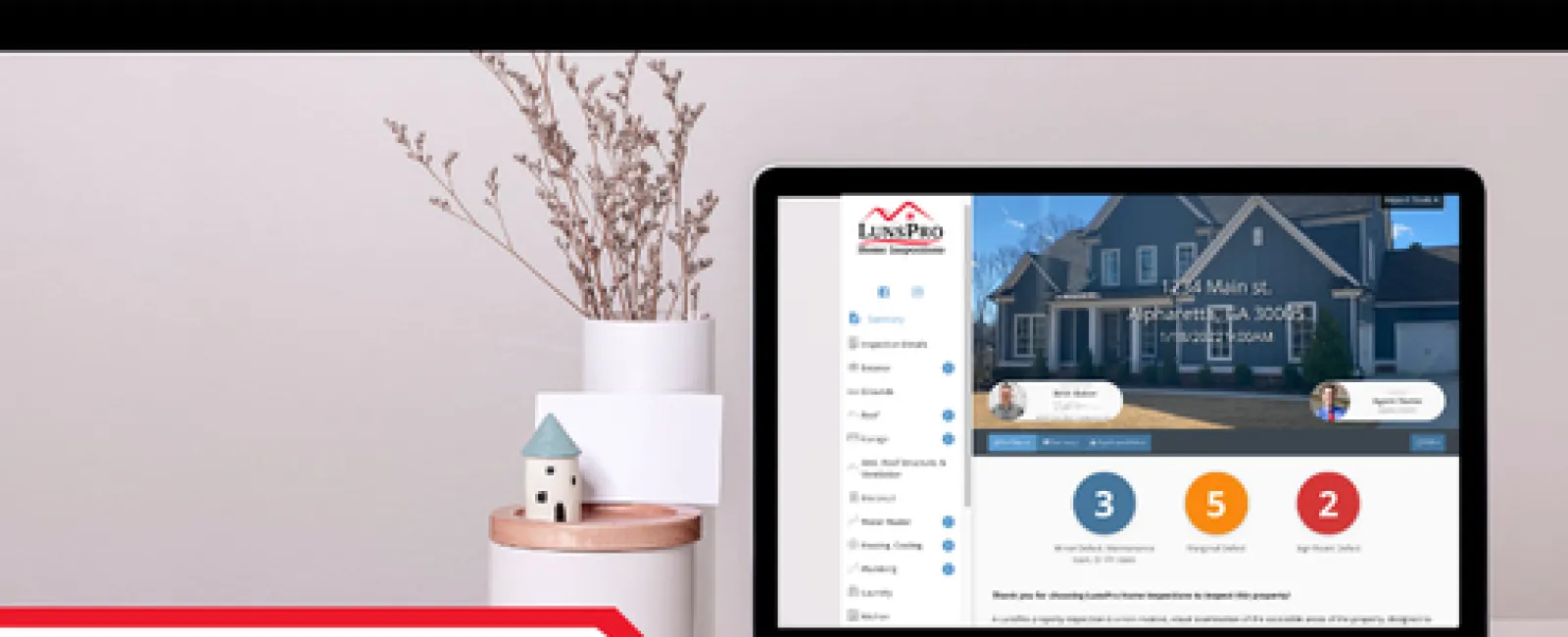 Laptop displaying LunsPro home inspection report with repair request builder beside decorative plant and model house