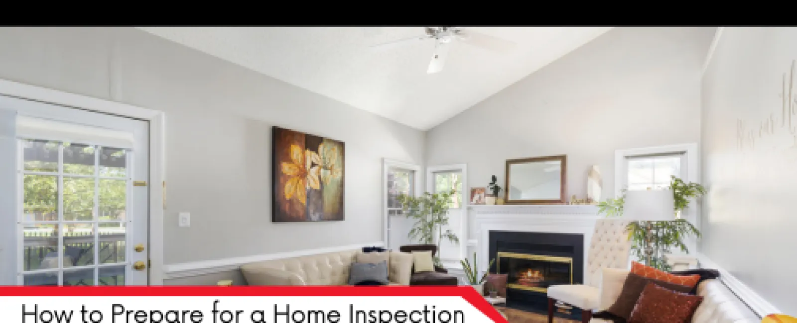 Bright, modern living room with white sofas, fireplace, plants, and large windows in a home interior.