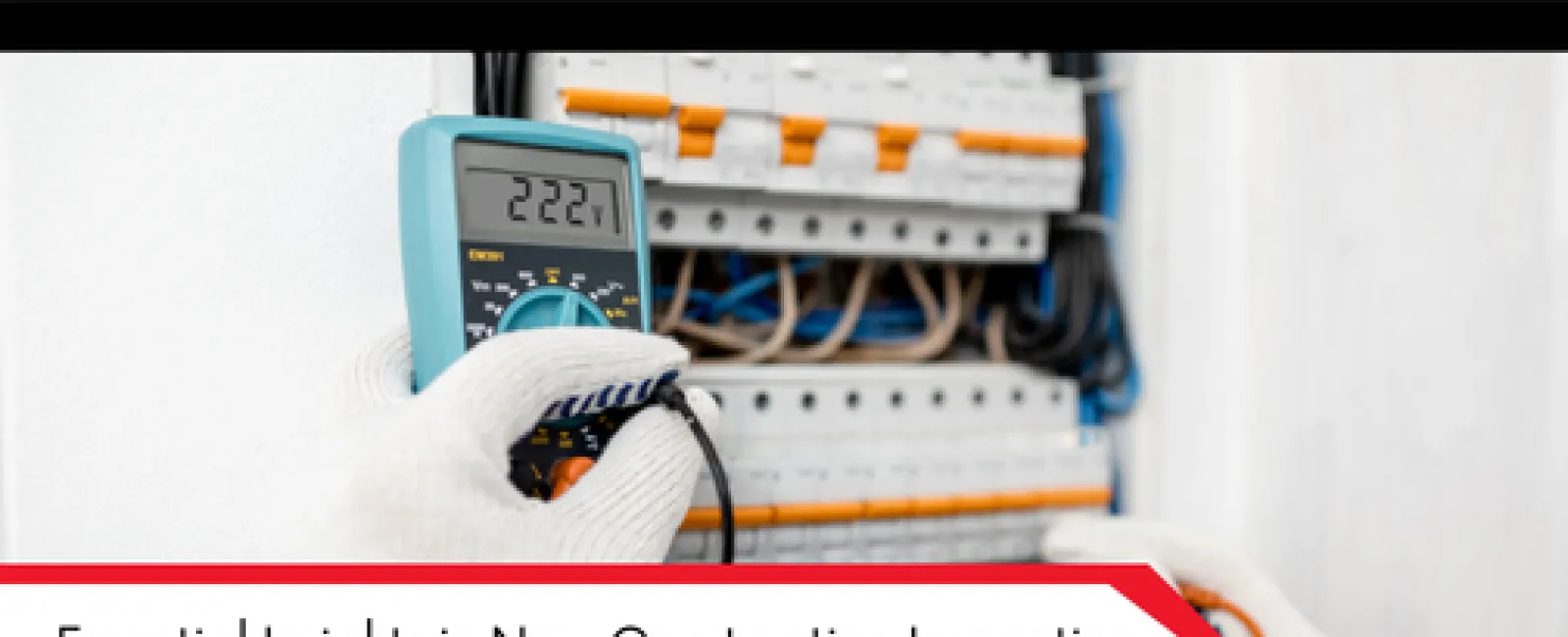 Technician using a multimeter to measure electrical voltage on a circuit breaker panel during inspection.