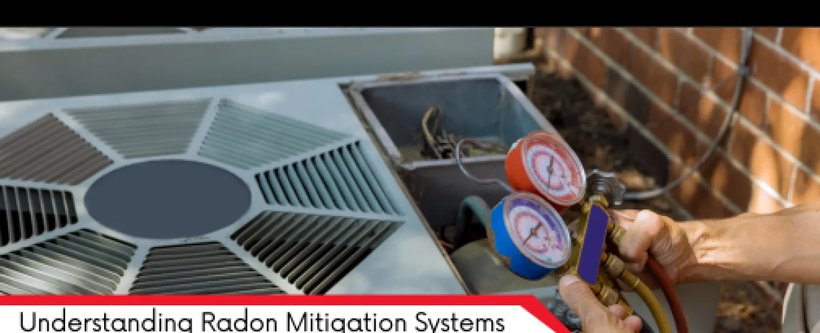 Technician using gauges to check HVAC system integrated with radon mitigation setup outdoors near brick wall.