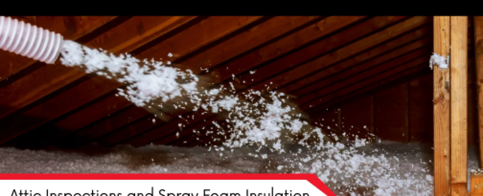 Attic being insulated with spray foam insulation through a flexible hose under wooden rafters.