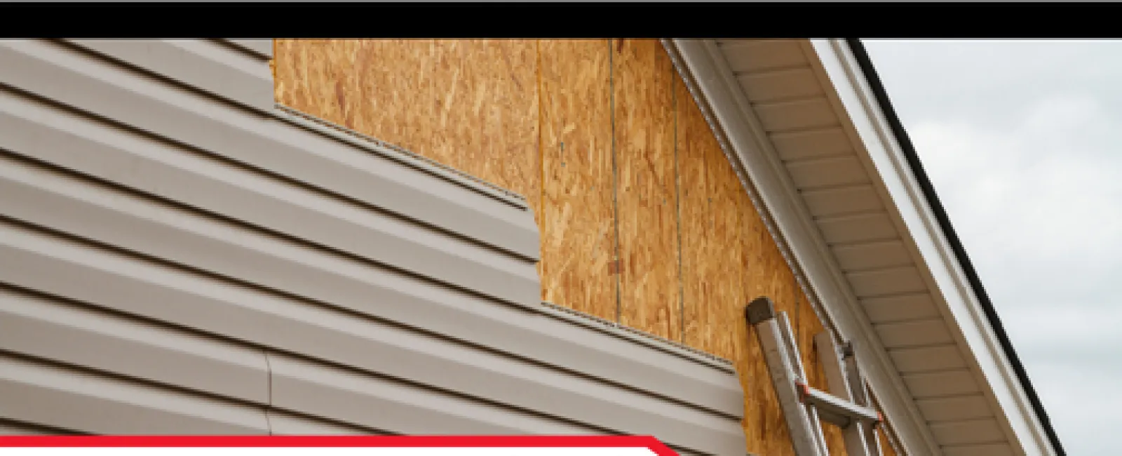 House siding partially removed revealing plywood sheathing with ladder and logo banner about siding installation risks.