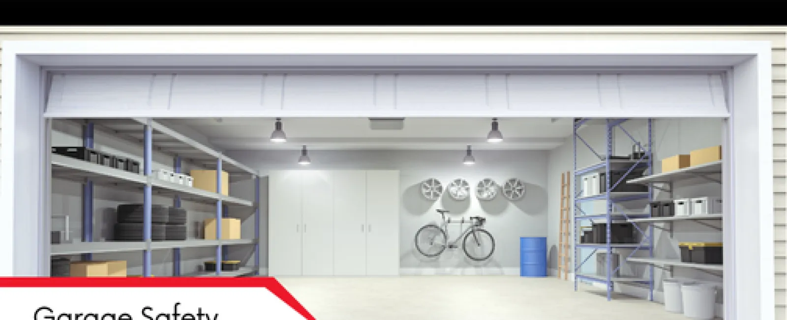 Clean, organized garage with shelves, tires, bicycle on wall, safety message emphasized by LunsPro Inspection Group.