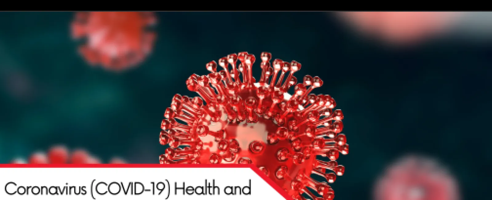 Close-up 3D rendering of red coronavirus particles with a safety notice banner from LunsPro.