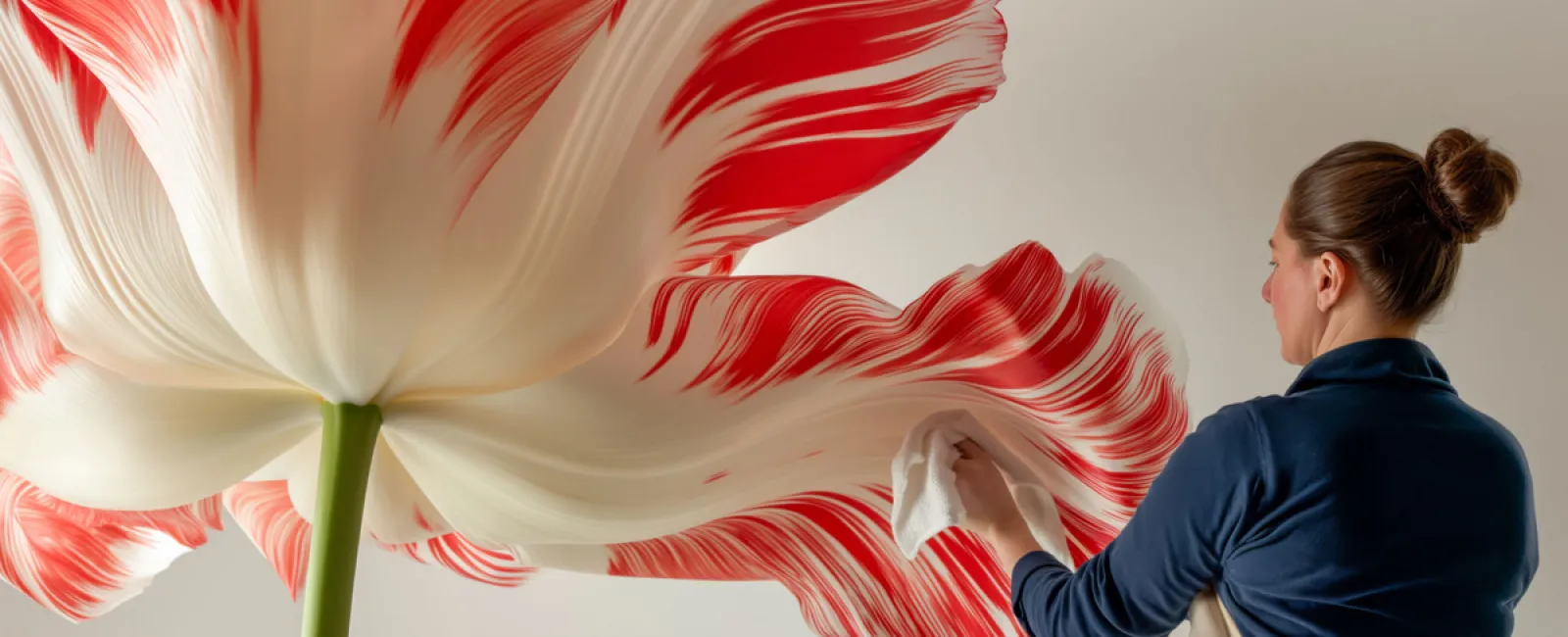 Woman cleaning giant red and white tulip petals in a bright, minimalistic indoor setting.