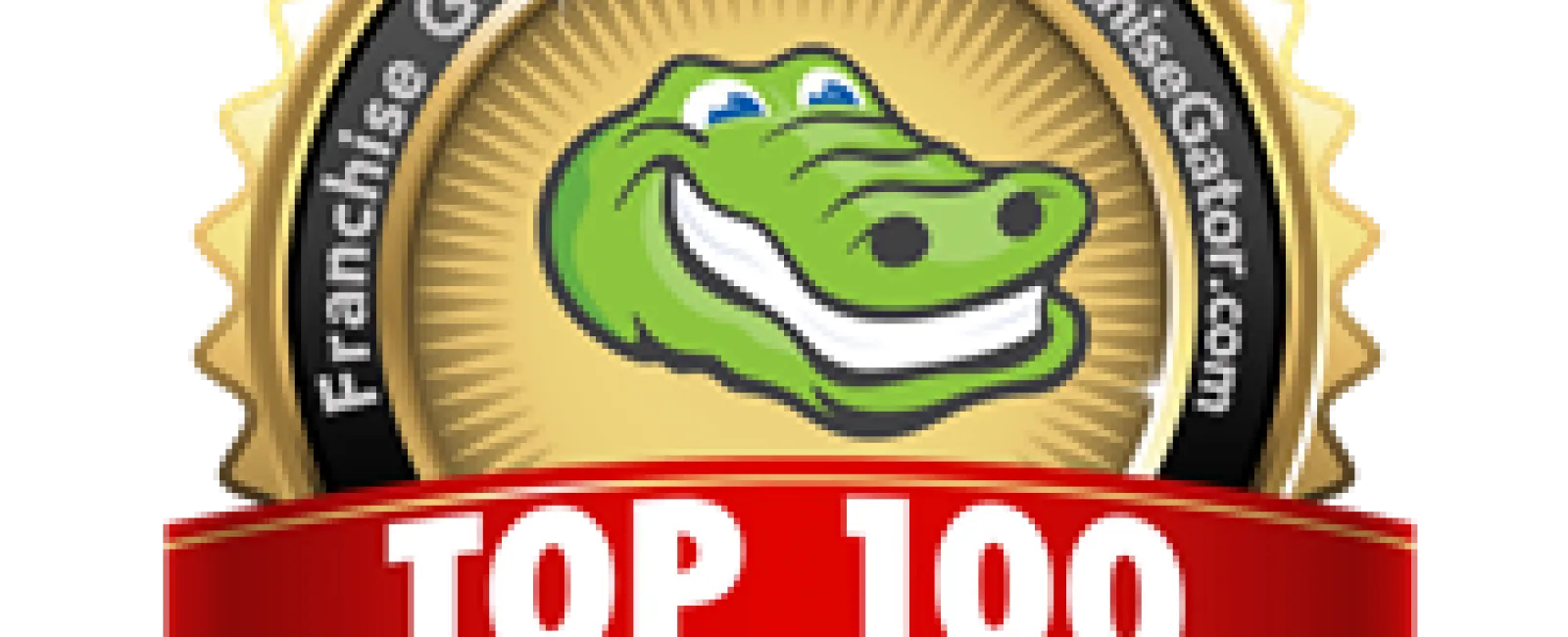 Gold badge with green alligator logo and red ribbon stating Top 100 by Franchise Gator 2020