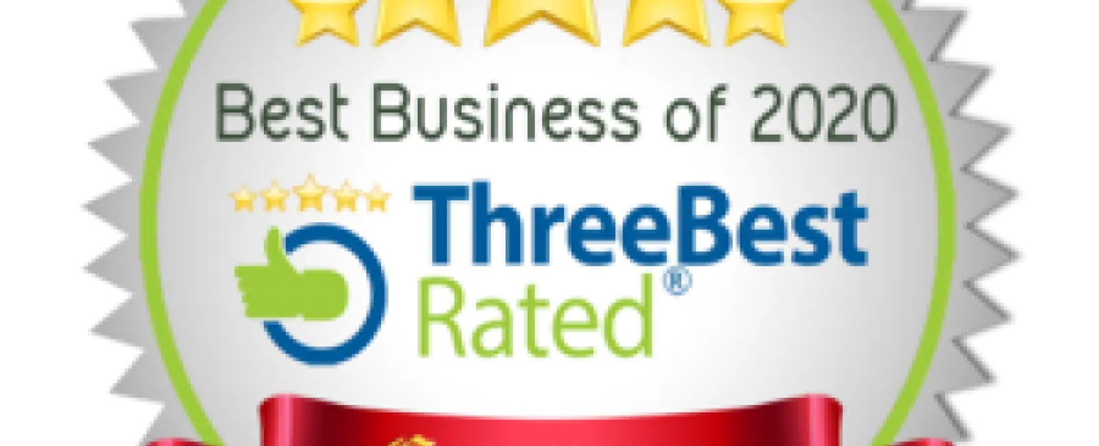 ThreeBest Rated Best Business of 2020 award seal with gold stars and red excellence ribbon