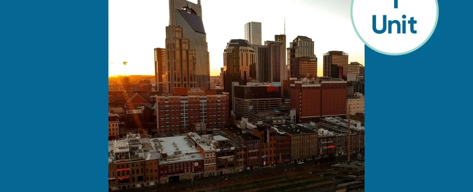 Nashville, TN skyline at sunset with iconic AT&T building in focus under MaidPro Expansion banner for Brad Williams