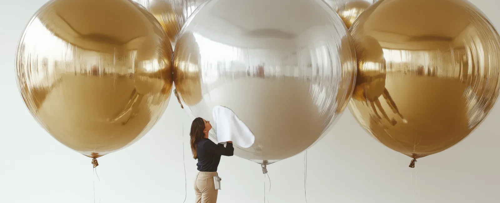 Woman cleaning large metallic gold and silver helium balloons in a spacious, minimalist room with concrete floor.