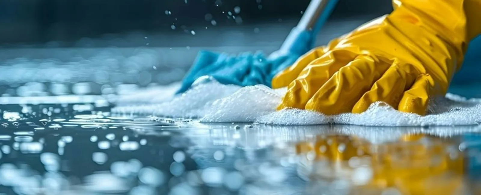Close-up of hands in yellow gloves scrubbing a wet surface with a blue mop and soap bubbles visible.