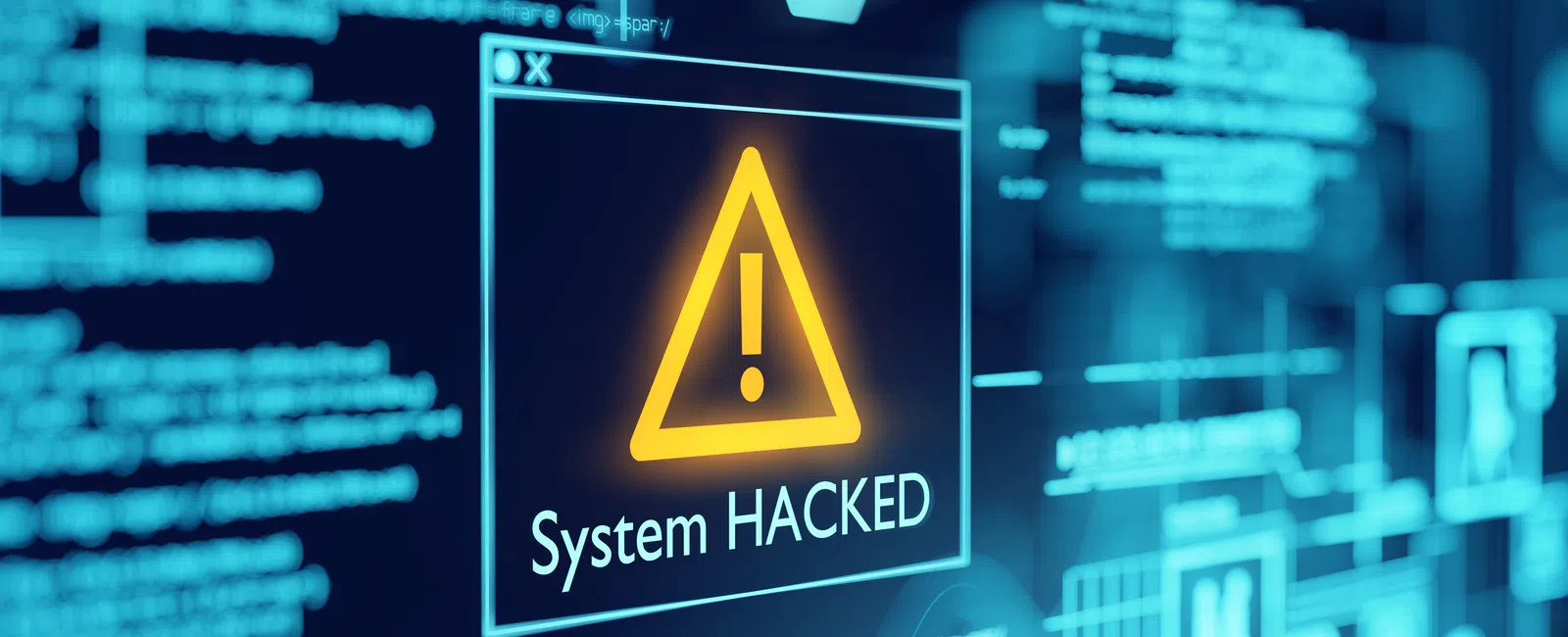 Computer screen displaying a yellow warning triangle with 'System HACKED' message and digital code background.
