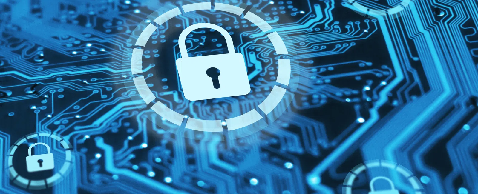 Blue digital circuit board with multiple padlock icons representing cybersecurity and data protection concepts.