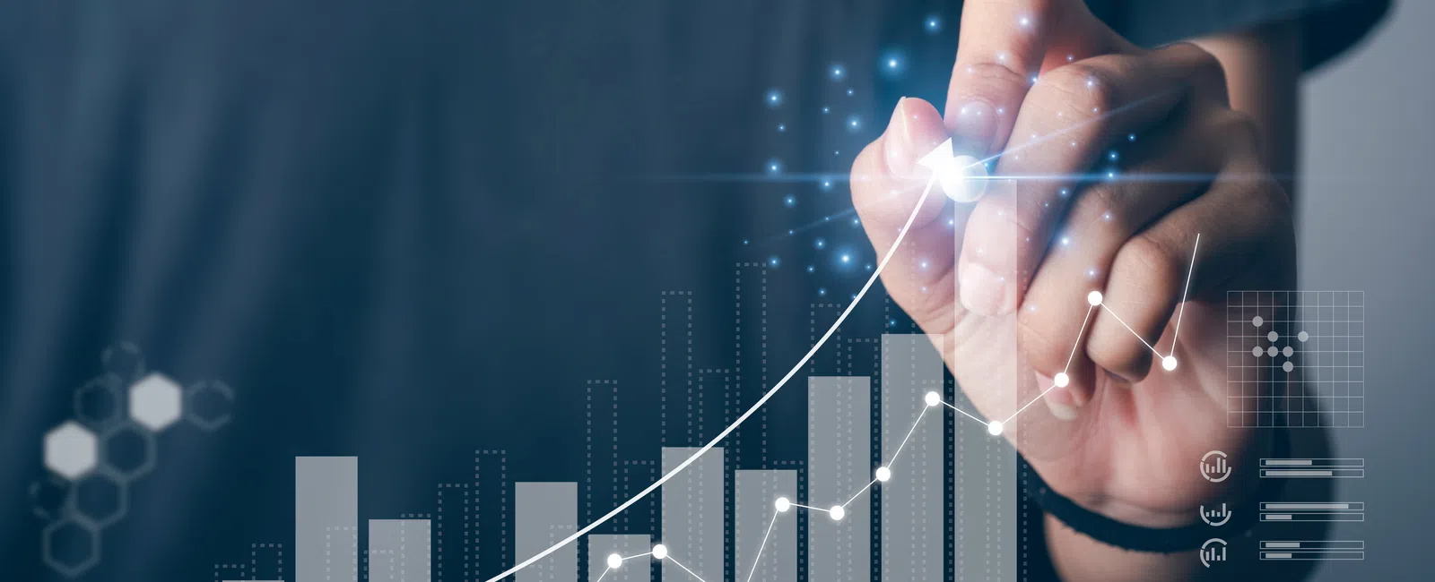 Hand drawing upward trending financial graph with bar chart and data points on transparent digital screen