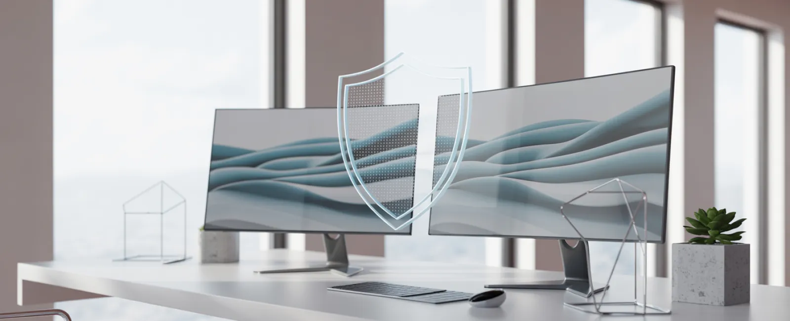 Modern office desk with dual curved monitors displaying abstract waves and a shield security icon overlay.