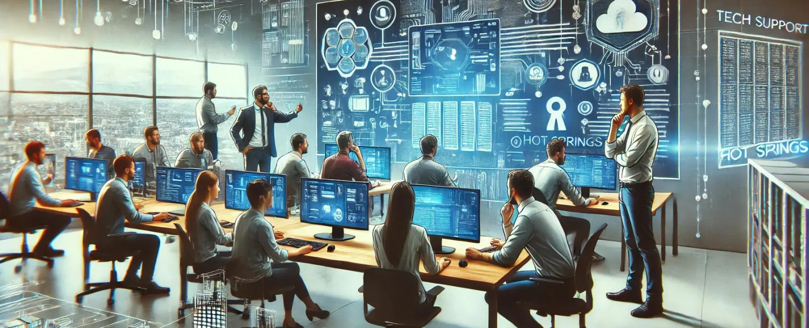 a group of people sitting at desks with computers