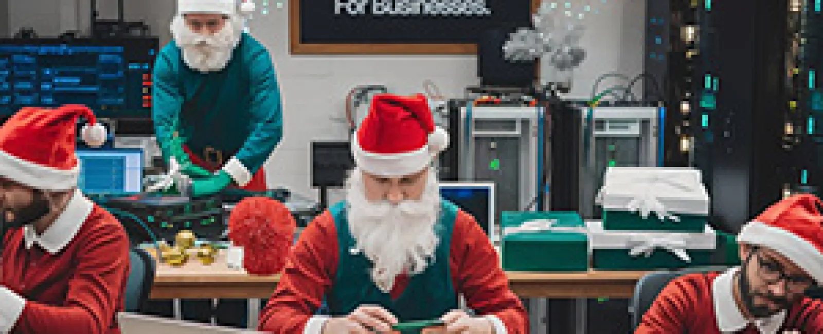 a group of men wearing santa hats