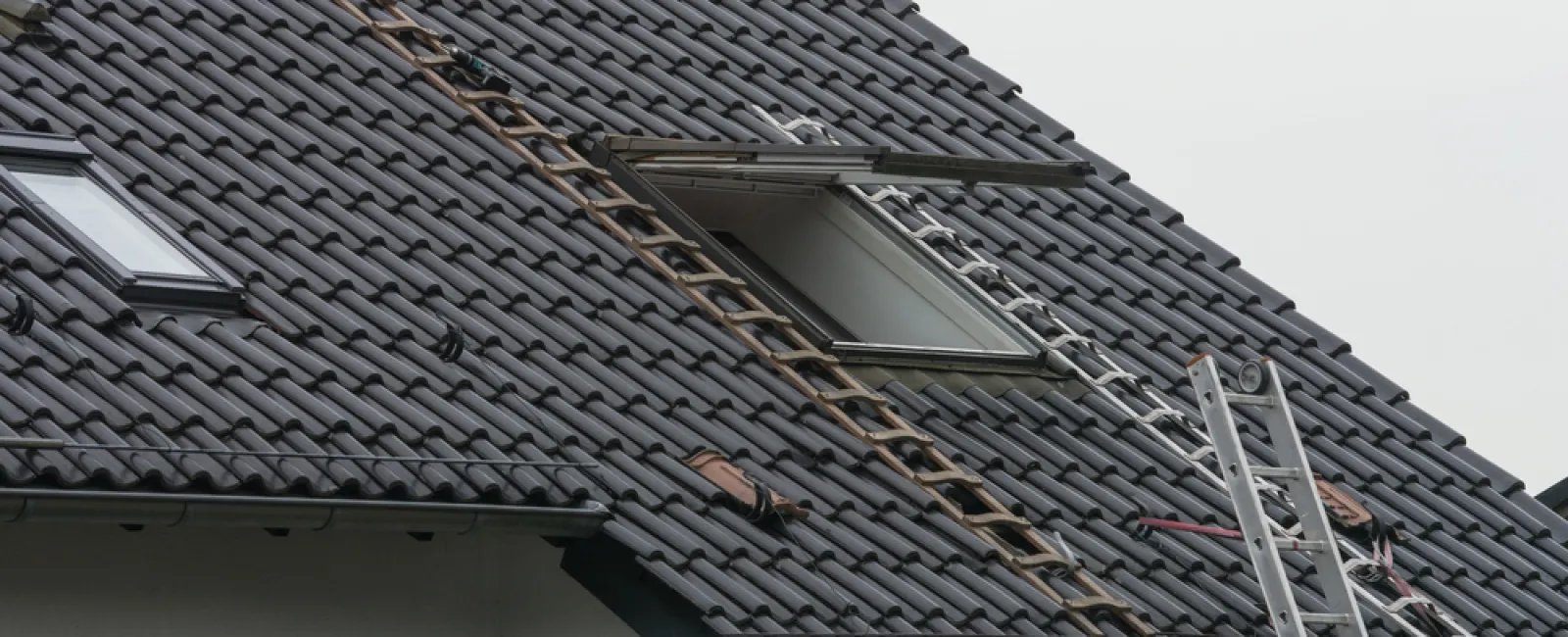 Black tiled sloped roof with open skylight windows, safety ladders, and an extension ladder against the house.